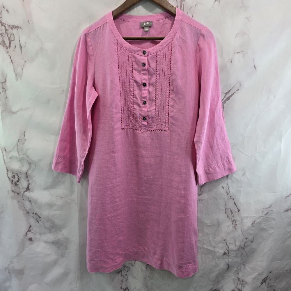 Anthropologie Dress Womens Small P Petite Pink Linen Popover Button Shift Mini